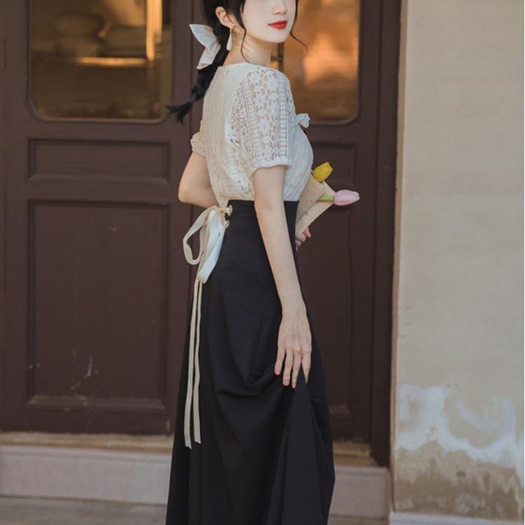 Women's Cottagecore Dress Retro Square Collar Lace Top Lace-up Skirt Fashionable Suit Dress