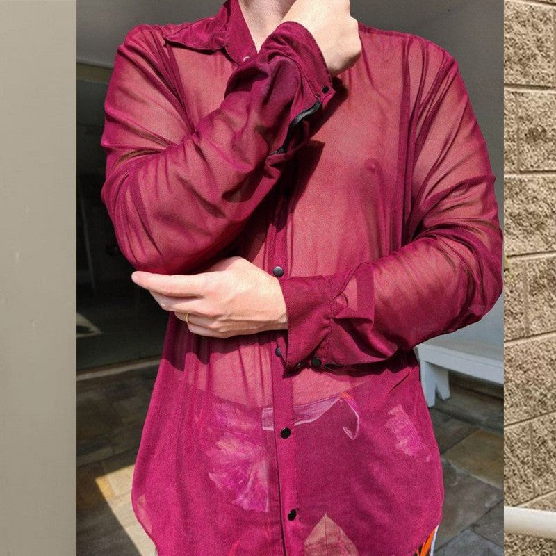 Rave Outfits Men Shirt Spring Leisure Sheer Top Slim Fit Fashion Long Sleeve