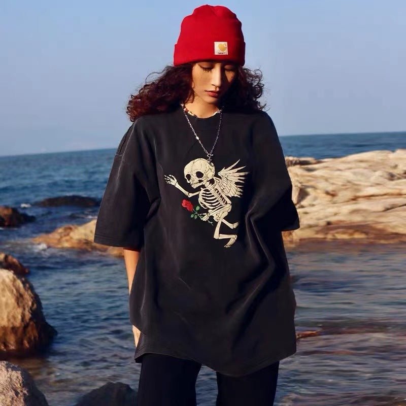 Gallery Dept T Shirts Rose Skull Washed-out Vintage Short Sleeve T-shirt Men and Women Half Sleeve
