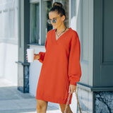 Women's Fall Outfits Sweater Women's Autumn and Winter V-neck Long Sleeve Midi Knitted Dress