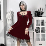 Winter Formal Dresses Dark Lace Dress Autumn and Winter Stitching Long Sleeve Round Neck