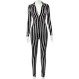 Autumn Striped Lapel Long Sleeve Sexy Tight Trousers Jumpsuit Women