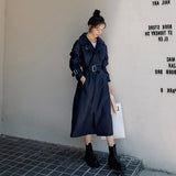 Cute Leather Jacket Autumn And Winter Navy Blue Leather Wind Coat Mid-Length Women'S Elegant British Style Waist Trimming Coat