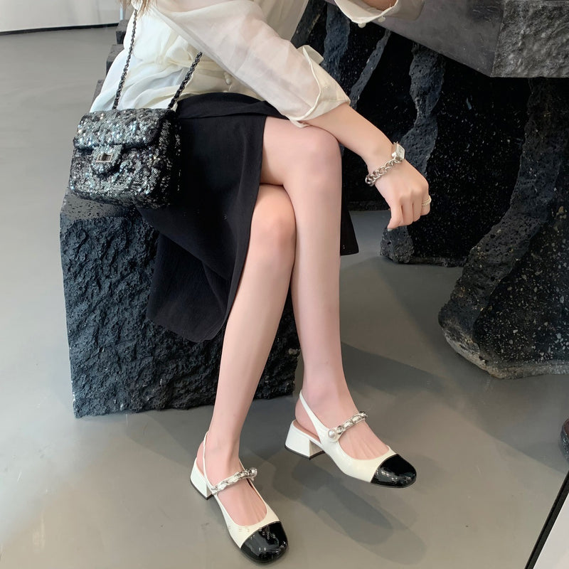 Nude Block Heels Closed Toe Mary Jane Sandals