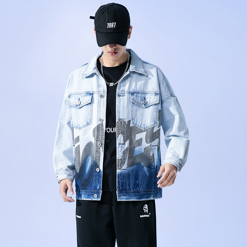 Denim Varsity Jacket Spring Gradient Denim Jacket Men's Loose Personality plus Size Jacket
