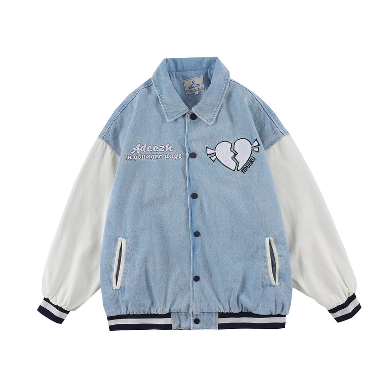 Baby Blue Varsity Jacket Vintage Baseball Uniform Loose Stitching Denim Jacket Spring and Autumn