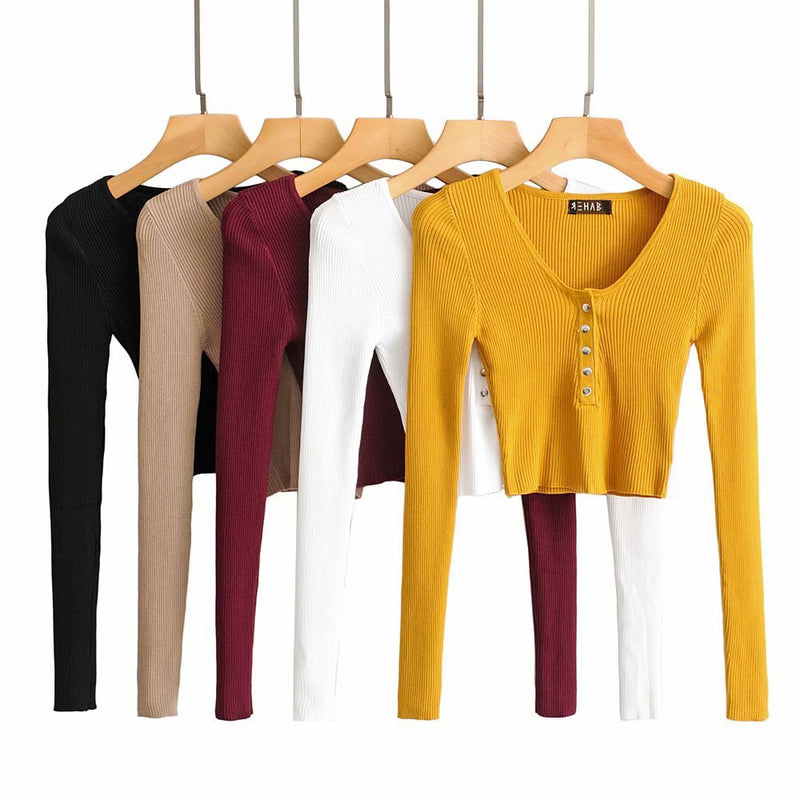 Women Fall Fall Five-Color Deep V Buckle Slim Fit Short Knitted Top