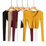 Women Fall Fall Five-Color Deep V Buckle Slim Fit Short Knitted Top