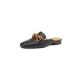 Finn Chain Pointed Toe Mule Cowhide Sandals Women's Summer Outer Wear Closed Toe Half Slippers Flat Mules