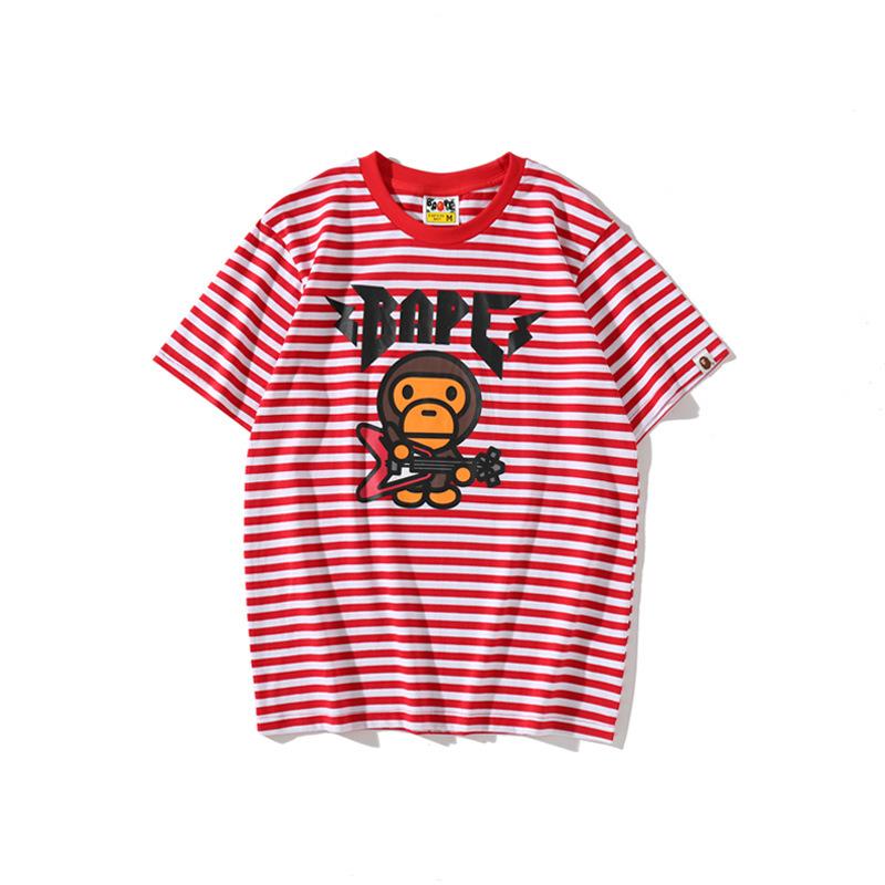 Shark Print T Shirt Cartoon Rock Bass Player Striped T-Shirt Casual Letter Short Sleeve