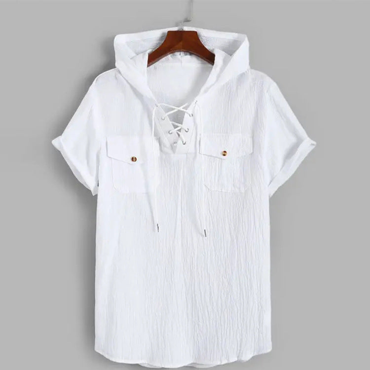 Men Hawaii Shirts Men's Solid Color Cotton Linen Short Sleeve