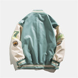 Green Varsity Jacket Autumn Baseball Uniform Men's Stitching PU Leather Flight Jacket Top