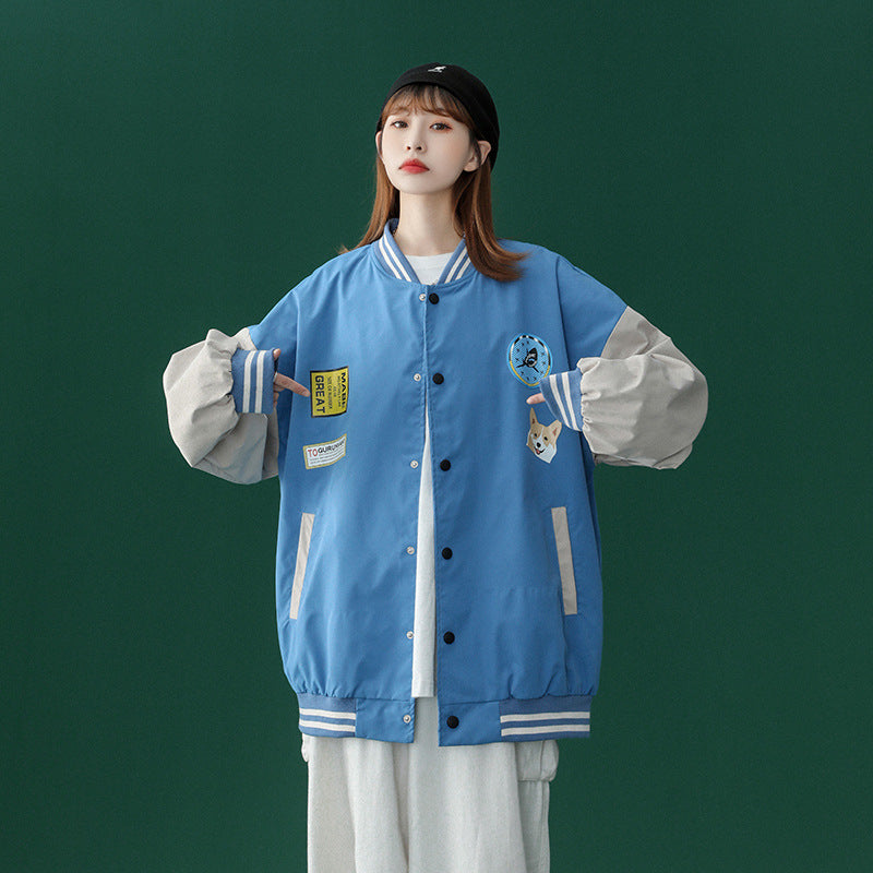 Blue Varsity Jacket Baseball Uniform Women's Spring and Autumn Retro Easy Matching Jacket Coat Top