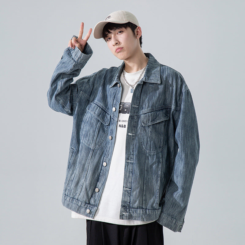 Denim Varsity Jacket Men's Denim Jacket Autumn Leisure Washed Coat