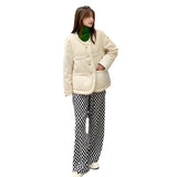 Cute Leather Jacket Beige PU Leather Cotton-Padded Coat for Women Winter Fashion