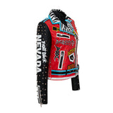 Women Leather Jacket Biker Motorcycle Coat Spring and Autumn Street Short Jacket Leather Coat Women's Long Sleeve Graffiti Red and Black Leather Coat