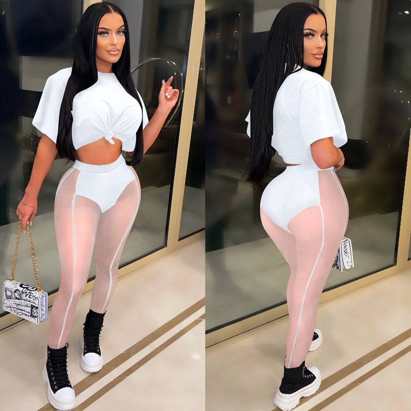 See through Pants Suit Summer Fashion Women's Wear Solid Color Short Sleeve Sexy Tight Mesh