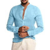 Sweat Wicking Shirt Autumn and Winter V-neck Linen Cardigan Stand Collar Long Sleeve Men's Shirt