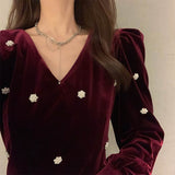 Winter Formal Dresses Red Gold Velvet Engagement Autumn Winter Long Dress Dress