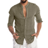 Sweat Wicking Shirt Autumn and Winter V-neck Linen Cardigan Stand Collar Long Sleeve Men's Shirt