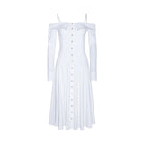 Women Spring Dress Sling off-Shoulder Mid-Length Dress Slim French White Lady Dress
