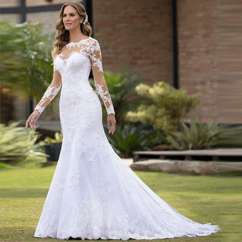 See Through Wedding Dress Long Sleeve Wedding Dress Lace Slim Round Neck See-Through