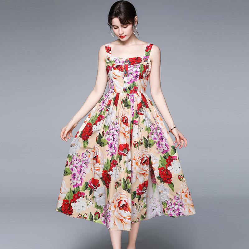 Printed Dress Summer Floral Halter Skirt Travel Vacation Beach Dress Flower Print Cottagecore Aesthetic Dress