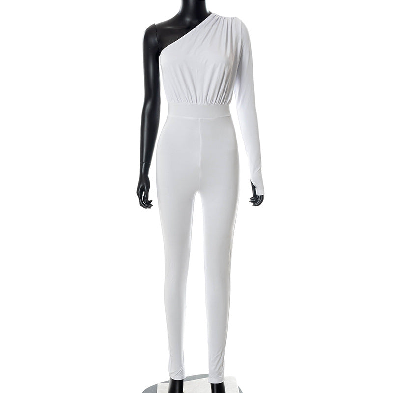 Autumn Solid Color Irregular Diagonal Collar Long Sleeve Tight Casual Trousers Jumpsuit