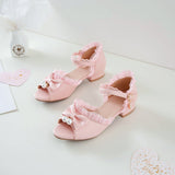 Flat Dress Sandals Summer Low Heel Peep Toe Bow Buckle Sandals for Women