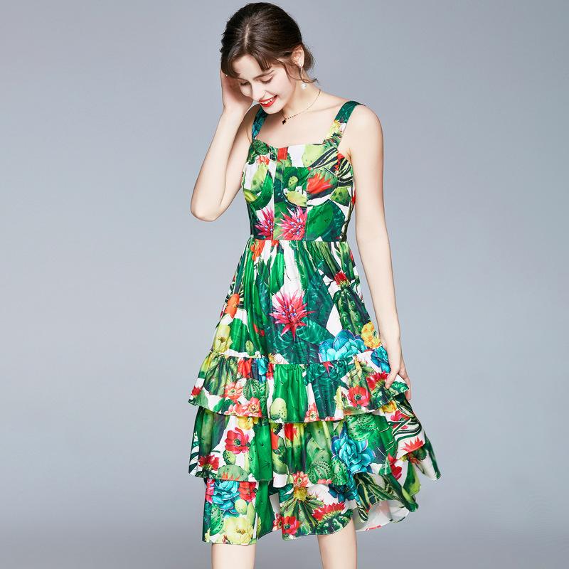 Vintage Cake Dress Vacation Spaghetti Straps Dress Cactus Print Cottagecore Aesthetic Dresses