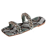 Women Open Toe Sandals Flats Summer Snake Pattern One-Word Metal Chain Sandals for Women