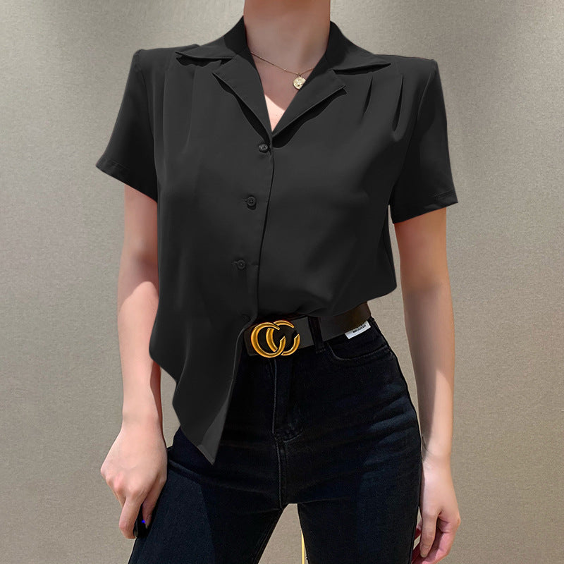 90S Fashion Solid Color Single-Breasted Retro Suit Short Sleeve Shirt