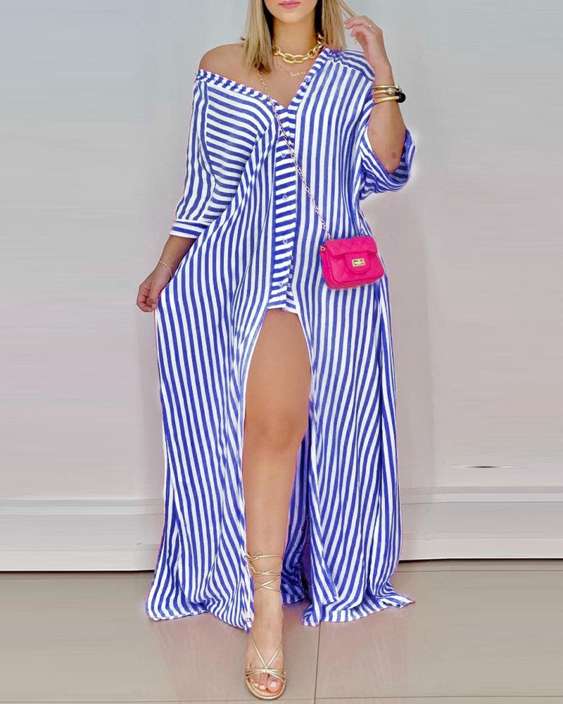 Nina Parker Graffiti Dress Loose Long Sleeve Striped Shirt Dress