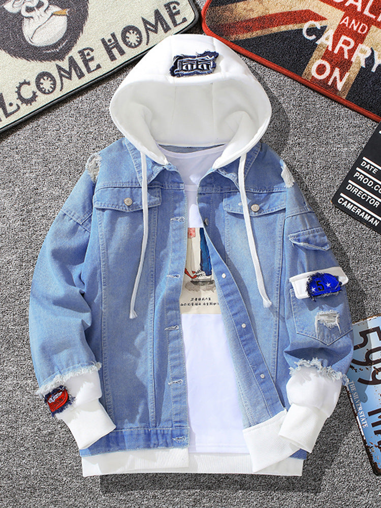 Men Denim Jacket Men's Autumn Hooded Autumn and Winter Baseball Jacket Casual