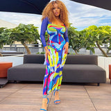 Nina Parker Graffiti Dress Mesh Slim Fit Patchwork Long Sleeve Dress