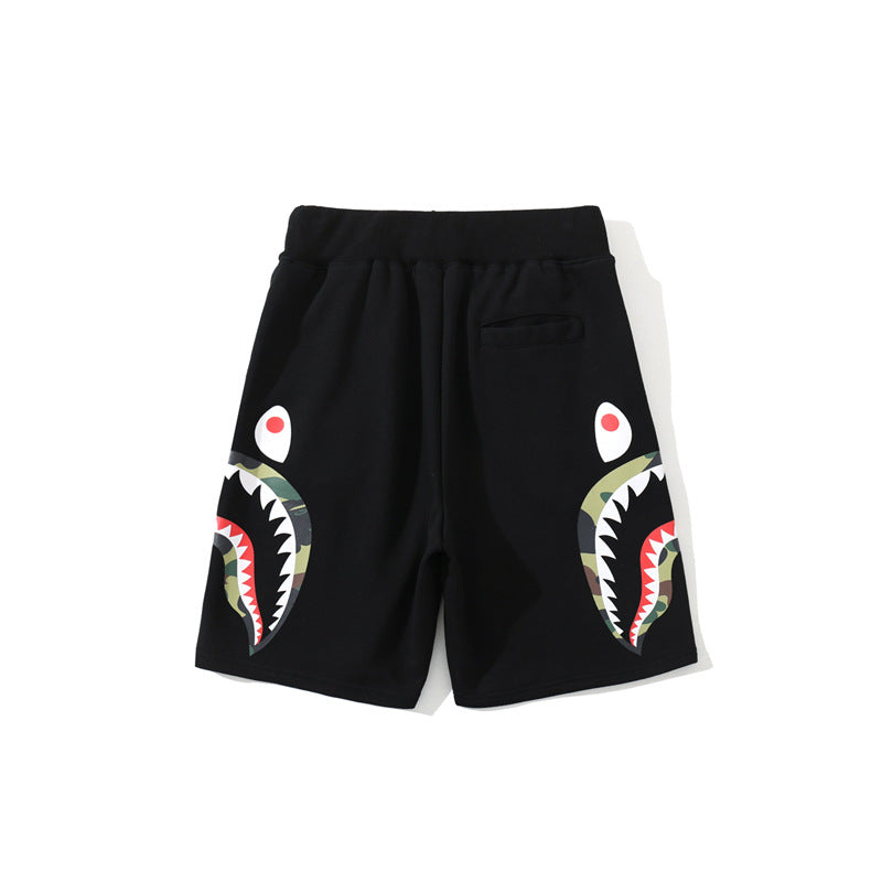 Shark Print Shorts Fashion Brand Summer Loose Casual Double Camouflage on Side Shark Head Shorts Cropped Pants