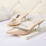 Nude Block Heels Closed Toe Sandals Transparent Rhinestone Women's Shoes