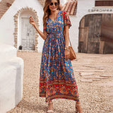 Emery Rose Dresses Cotton Printed Bohemian Dress Short Sleeve Maxi Dress