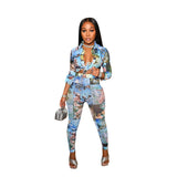 See through Pants Suit Fashion Casual Cartoon Print Element Blouse and Pants