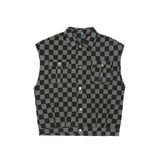 Men Sweater Vest Washed Distressed Checkered Denim Vest Men's Retro Street Sleeveless Work Vest