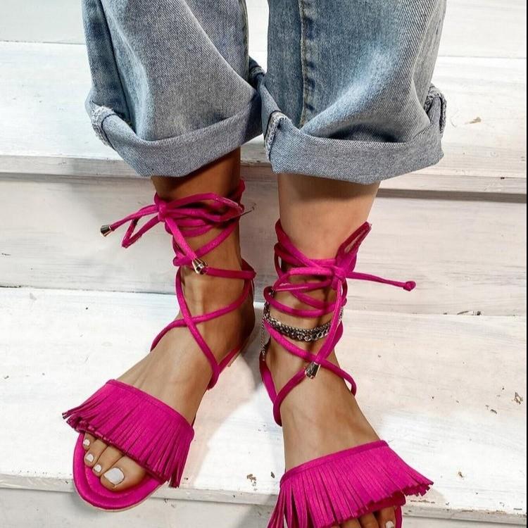 Women Open Toe Sandals Flats Summer Cross Strap Tassel Large Size Flat Bottom Sandals