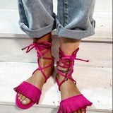 Women Open Toe Sandals Flats Summer Cross Strap Tassel Large Size Flat Bottom Sandals