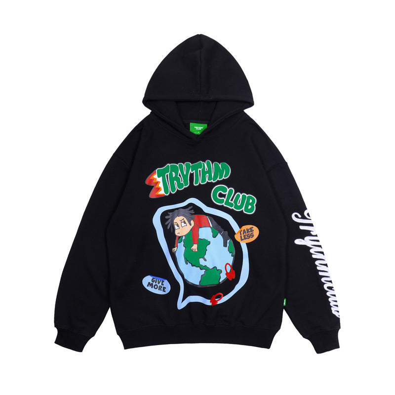Mens Fall Outfits Hooded Long Sleeve Sweater Men's and Women's Pullover Cartoon Foam Printed Loose Top