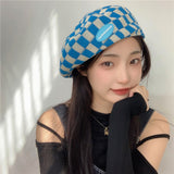 Check Beret Hat Knitted Thin Spring and Summer Leisure