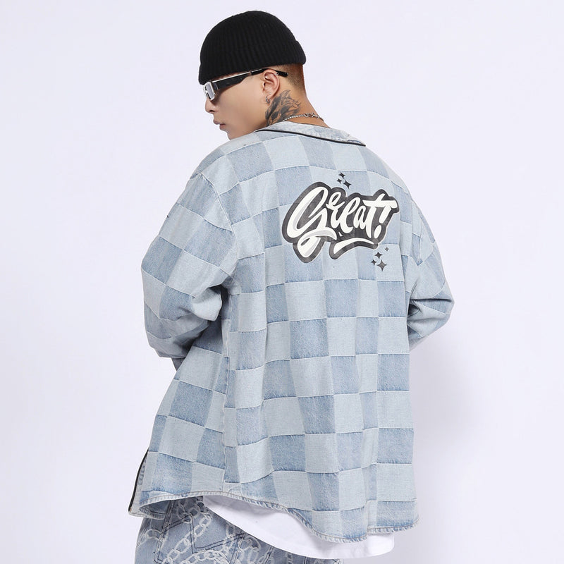 Men Denim Coat Jean Jackets Letter Print Plaid Denim Jacket Men's Washed Loose V-neck Cardigan Denim Jacket