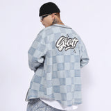 Men Denim Coat Jean Jackets Letter Print Plaid Denim Jacket Men's Washed Loose V-neck Cardigan Denim Jacket