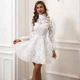 Burgundy Dresses For Wedding Bridal Dress Banquet Long-Sleeved Red Lace Hollow-Out Short Skirt Women