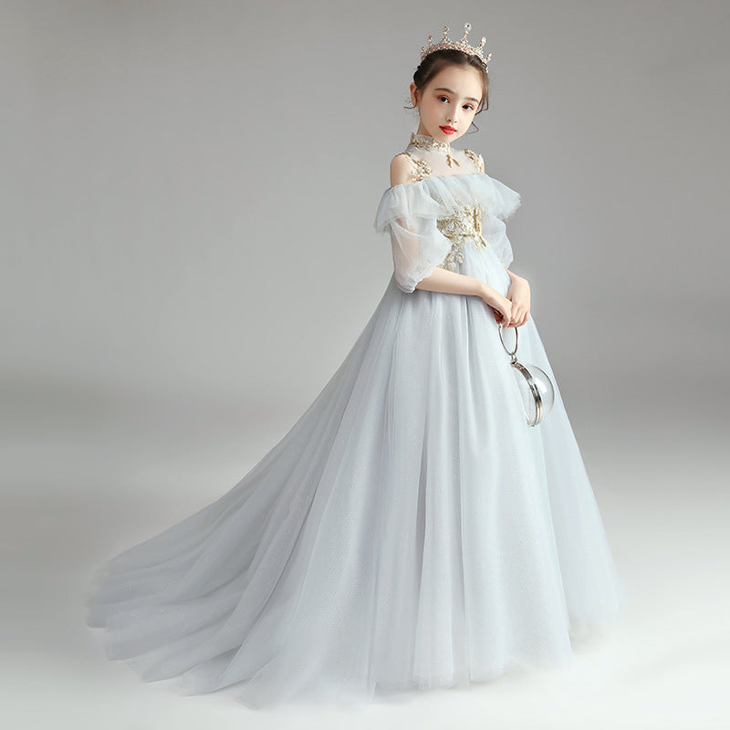 Princess Charlotte Flower Girl Dress Children's Trailing Costume for Piano Performance Blue Wedding Princess Host Evening Dress