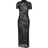 Nina Parker Black Dress Sexy Slim-Fit Solid Color Flocking Cheongsam Dress