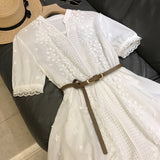 Marilyn Monroe Dress Women's Summer Embroidered White Hollow-out Short Sleeve Dress